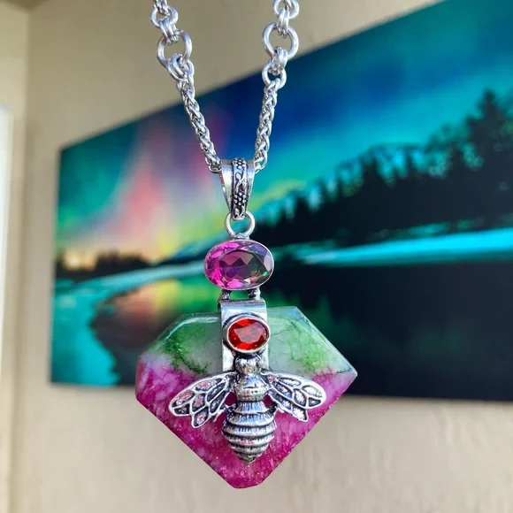 925 sterling silver overlay pink green agate & mystic topaz bee boho necklace . - Picture 11 of 14